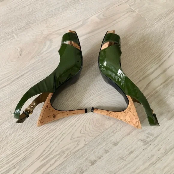 Guess by Marciano Green Leather High Heel Slingback Cork Heels - Picture 3 of 16